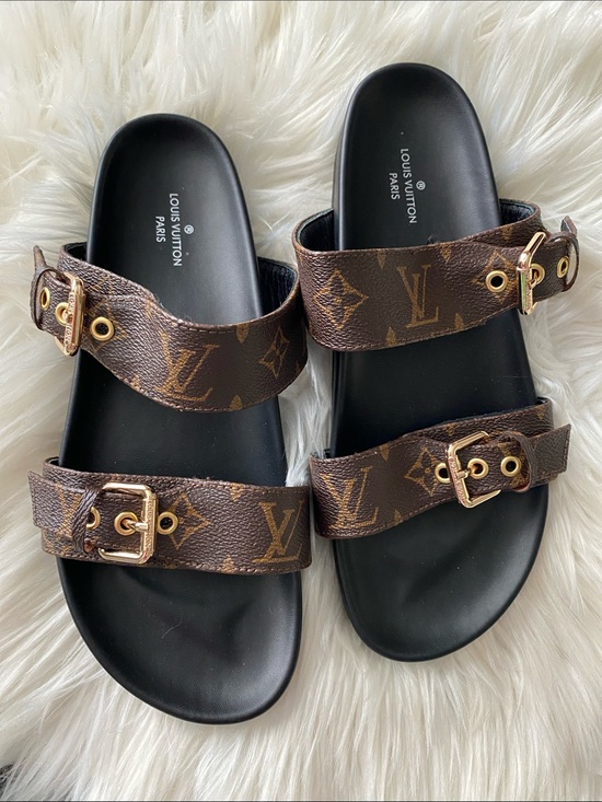 Louis Vuitton Shoes - Louis Vuitton Monogram Double Buckle Slides - Brown & Black with Gold Hardware